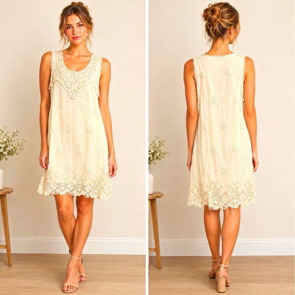 a'reve Ivory Floral Lace Tulle Shift Knee Dress Scoop Neck Sleeveless L